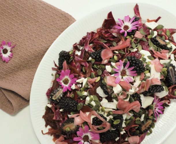 Sommersalat med spidskål, brombær og blommer